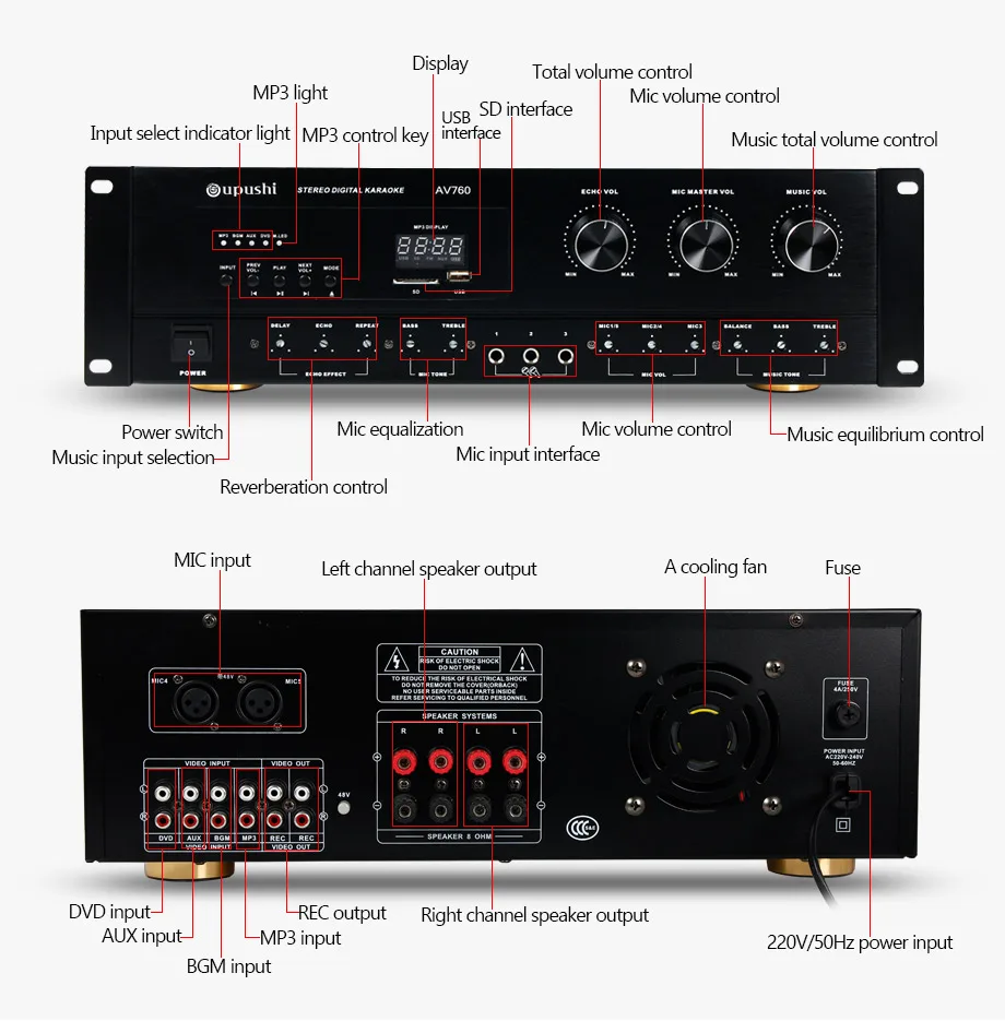 Oupush домашний кинотеатр семейная караоке система AV760+ KB350 Профессиональный усилитель мощности большие колонки UHF беспроводной ручной микрофон