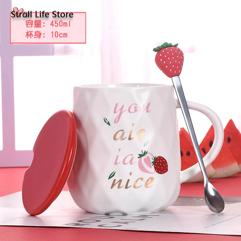 

Ceramic Mug with Cover Spoon Cute Strawberry Couple Coffee Cup Milk Creative Home Water Cup Taza Cafe Birthday Gift Box CM052