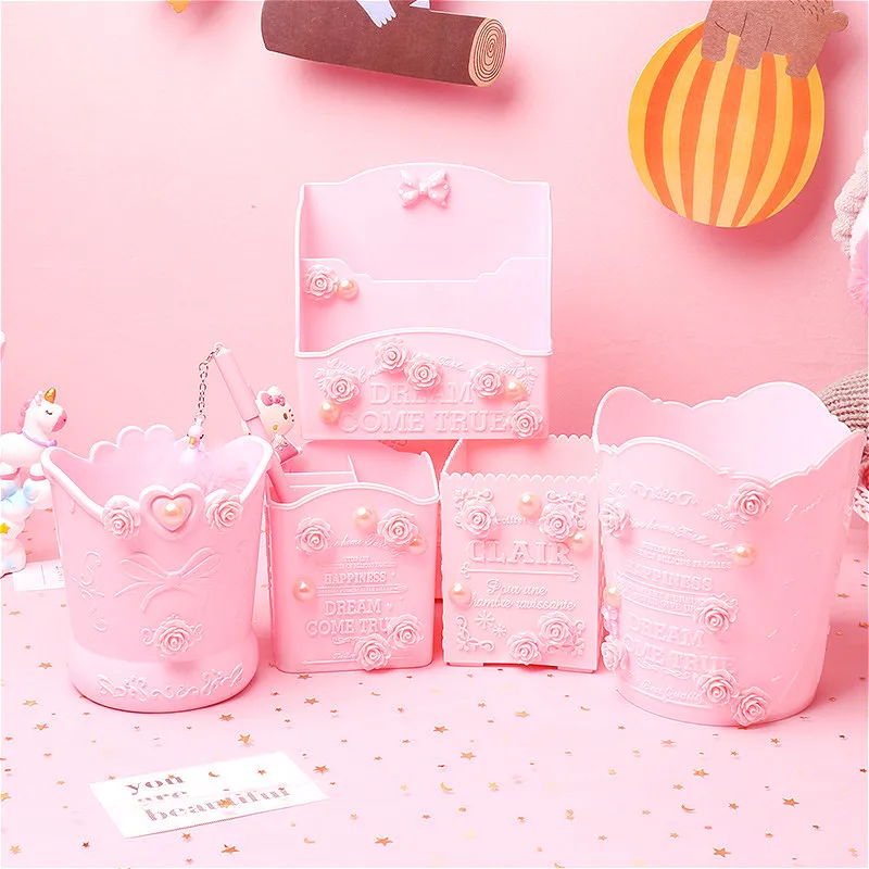 Pink Carve Cosmetic Brush Storage Box Holder Makeup Skin Care Rack Mobile Phone Stationery Organizer Container Pencil Bucket Bin