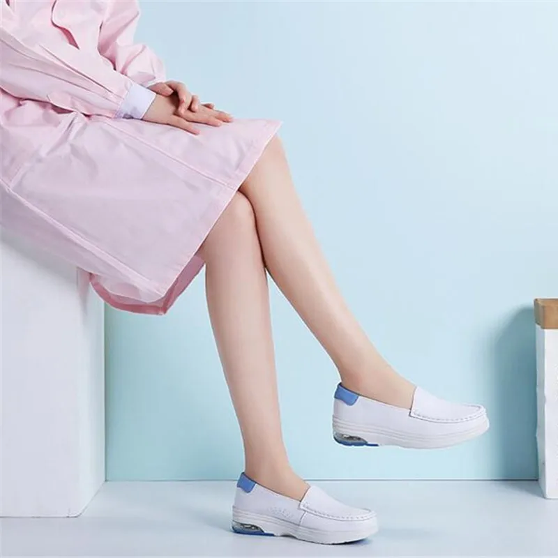 Flats Shoes Women Real Leather Loafers Nurse Platform Shoes Casual Slip on White Rubber Shoes for Women Fashion Platform Flats