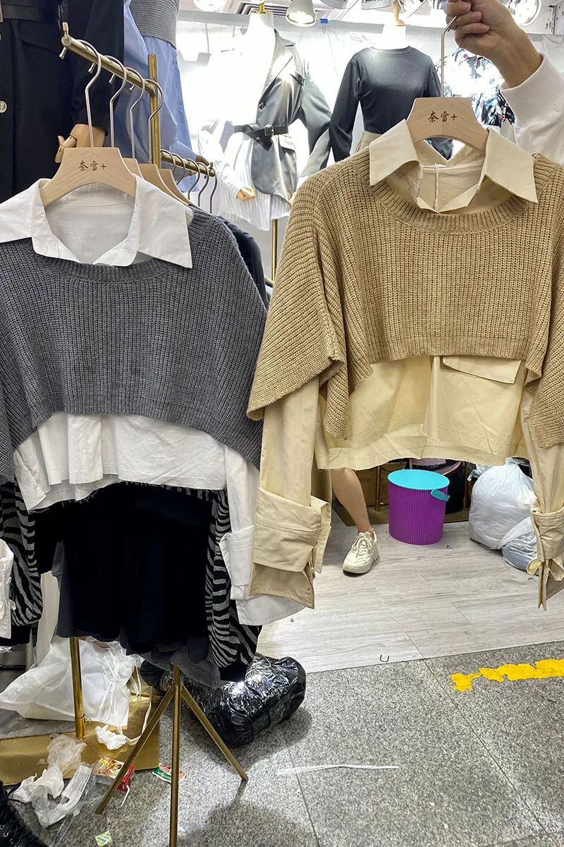 

Korea Autumn New Design Suit Full Solid Shirt Women + Knitted Shawl Sweater Two-Piece Set Women