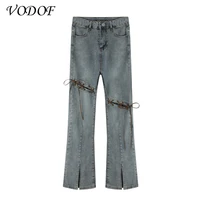 vodof streetwear elastic denim flare pants woman high waist vintage split jeans woman korean chic gray bell bottom jeans female