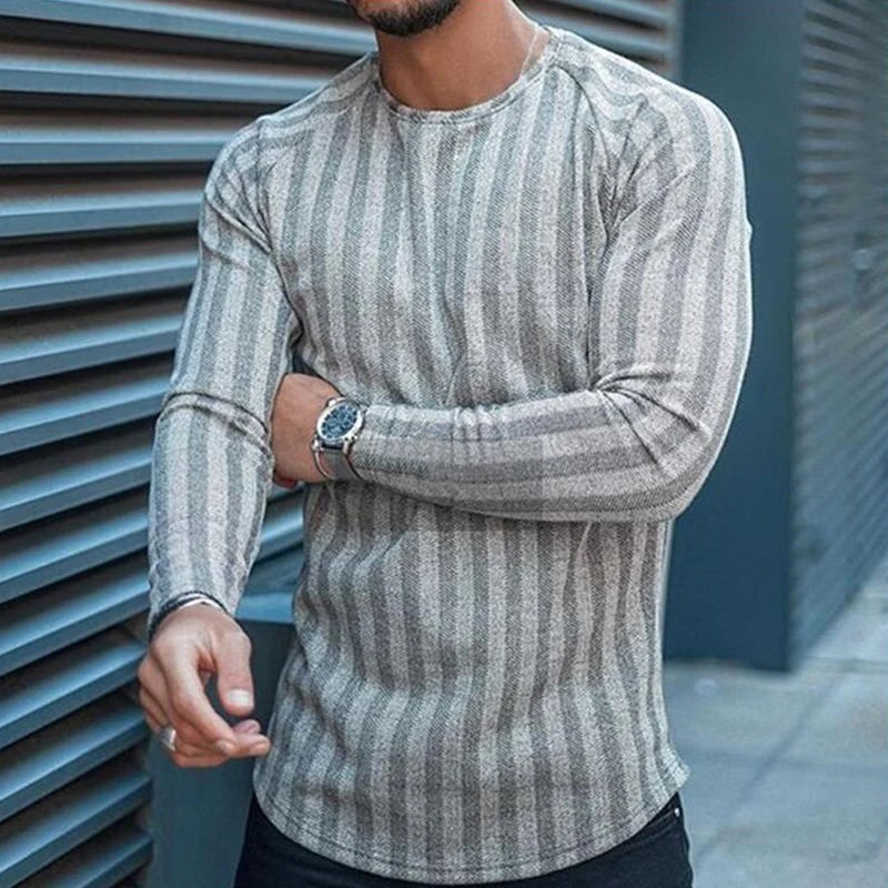Casual Long Sleeve Plaid Print T-Shirt Men Autumn Fashion O-Neck Pullover Spring Male Plus Size Striped Top Tee Streetwear image 4