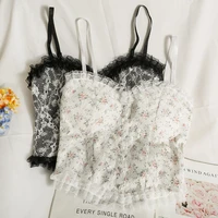 summer autumn women floral print lace camis vest sexy v neck folds pear mesh camis female sleeveless backless tank short tops