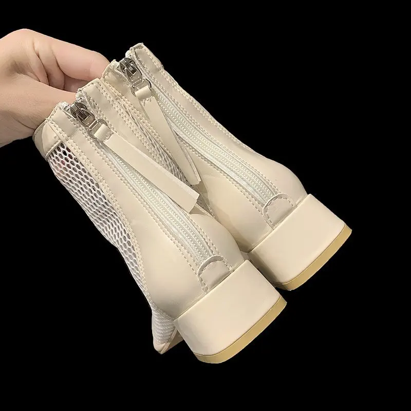 

2021 spring and summer new solid color low-heel square toe mesh women's boots 1955