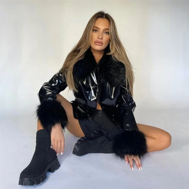 

2021 Winter Women's Lapel Collar Leather Jacket Jacket Retro Fashion Faux Fur Long Sleeve Fur Collar Warm Slim Leather Jacket