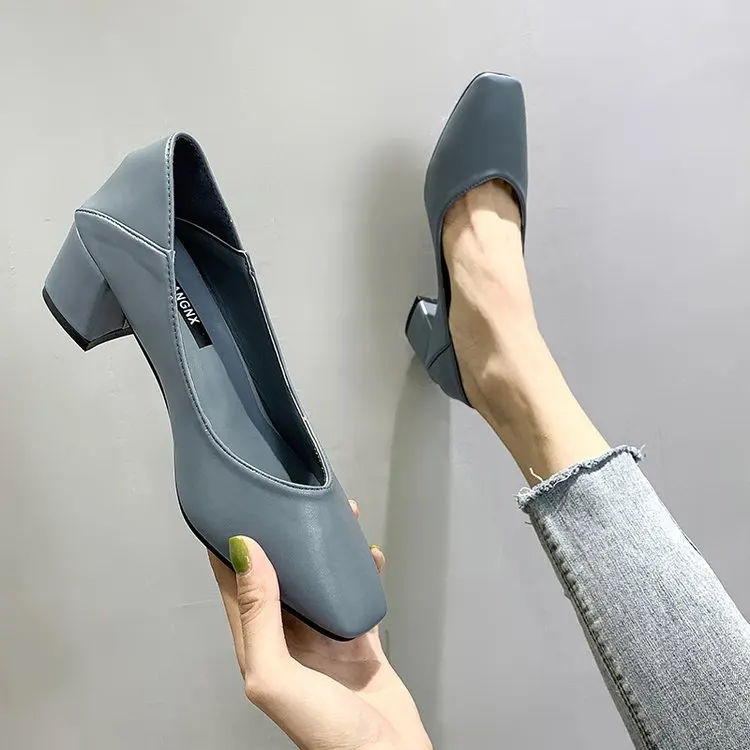 Light blue Г., новые осенние женские тонкие туфли корейские модные повседневные офисные туфли-лодочки на Высоком толстом квадратном каблуке с закрытым носком - Цвет: Light blue