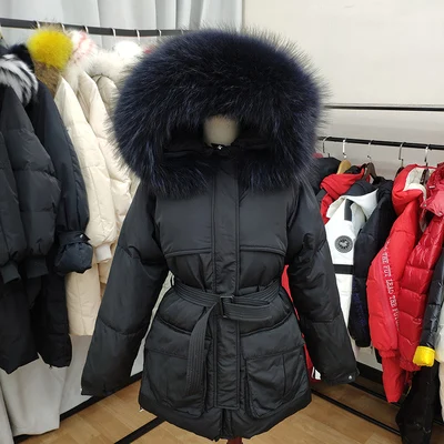 black (beige fur) White Down Coat Winter Woman Fashion New Hooded Fur Collar Warm Thicken Cotton Clothing Casual Parkas Belt Overcoat f1401 - Цвет: black (beige fur)