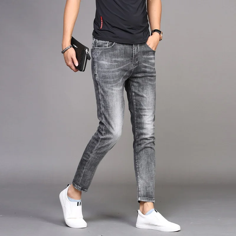 Men Jeans Summer Casual Stretch Slim Fit Ankle-Length Pants Fashion Korean Style Thin Cotton Grey Denim Trousers