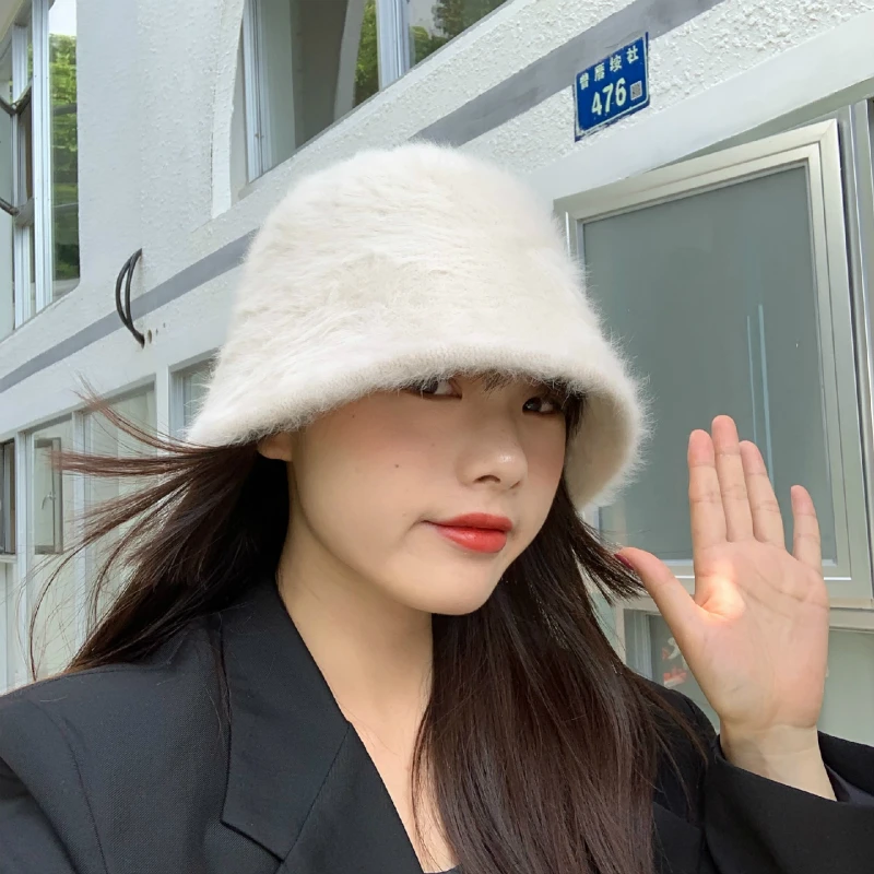 

Autumn Winter Solid Warm Bucket Hat 7 Colors Rabbit Fur Blend Fishing Hat Soft Fashion All Match Dome Sun Caps Foldable 56-58cm