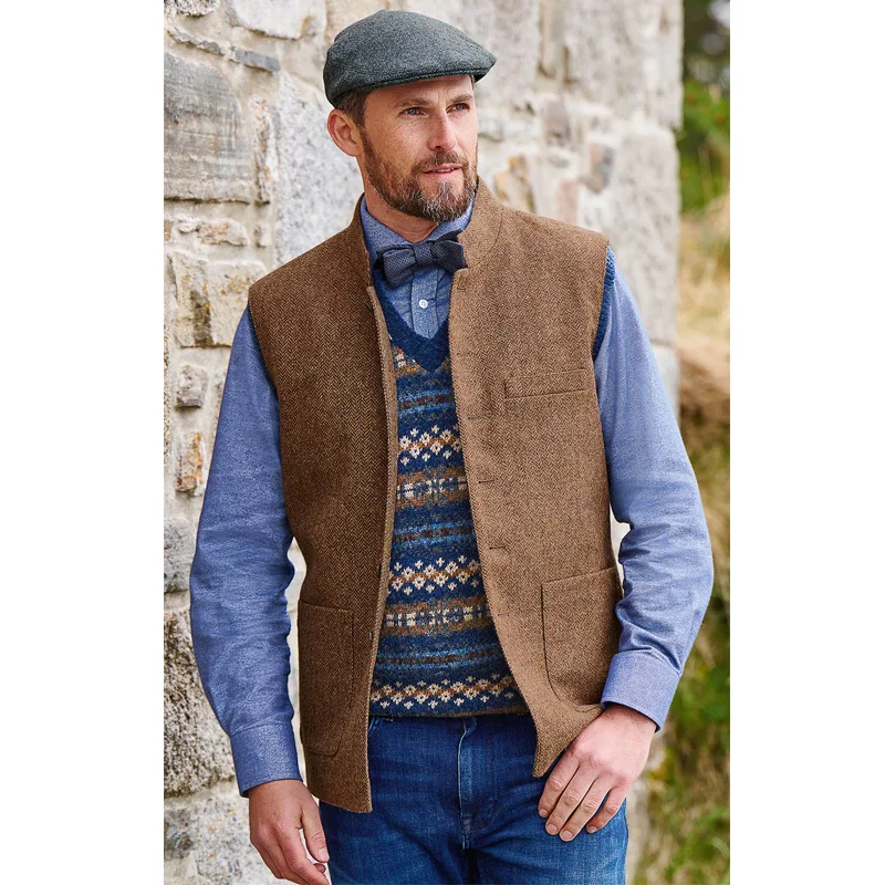 

Men's Suit Vest Herringbone Pattern Stand-up Collar Jacket Retro Sleeveless Steampunk Waistcoat