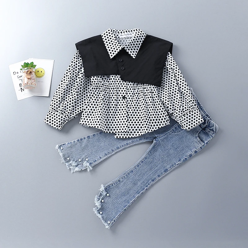

2-7 Years High Quality Spring Girl Clothing Set 2021 New Fashion Casual Dot Shirt + Jeans Kid Children Girls Clothing