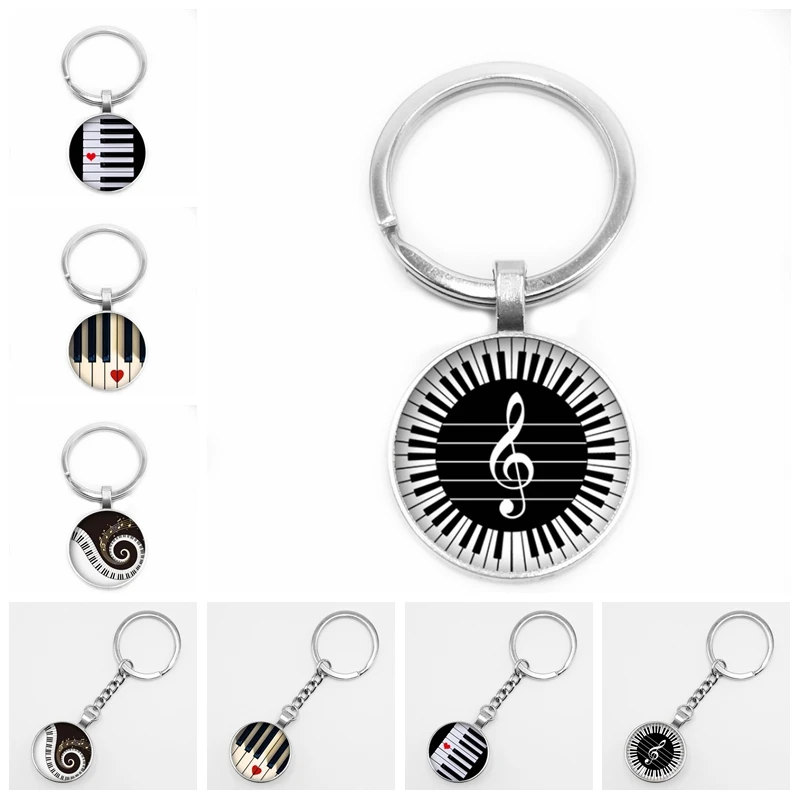 

2019 New Heart-shaped Piano Love Pattern Pendant Round Key Ring Glass Convex Piano Keyboard Glass Dome Key Ring Gift Pendant