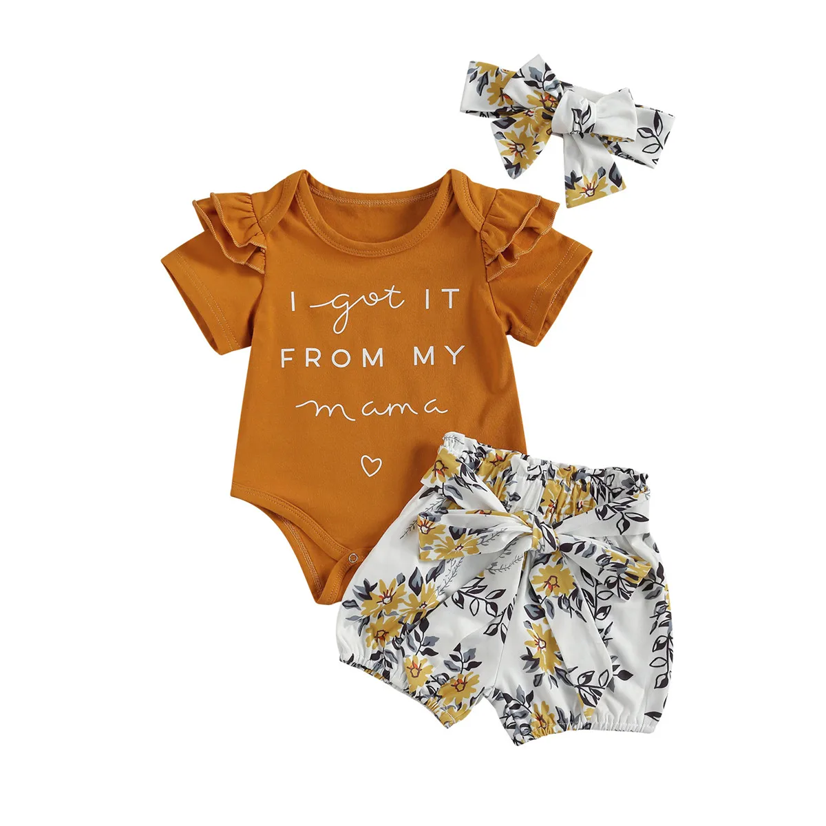 

Комплект для новорожденных девочек 0-18 месяцев с коротким рукавом, топы с круглым вырезом и принтом, короткие брюки и повязка на голову, кост...