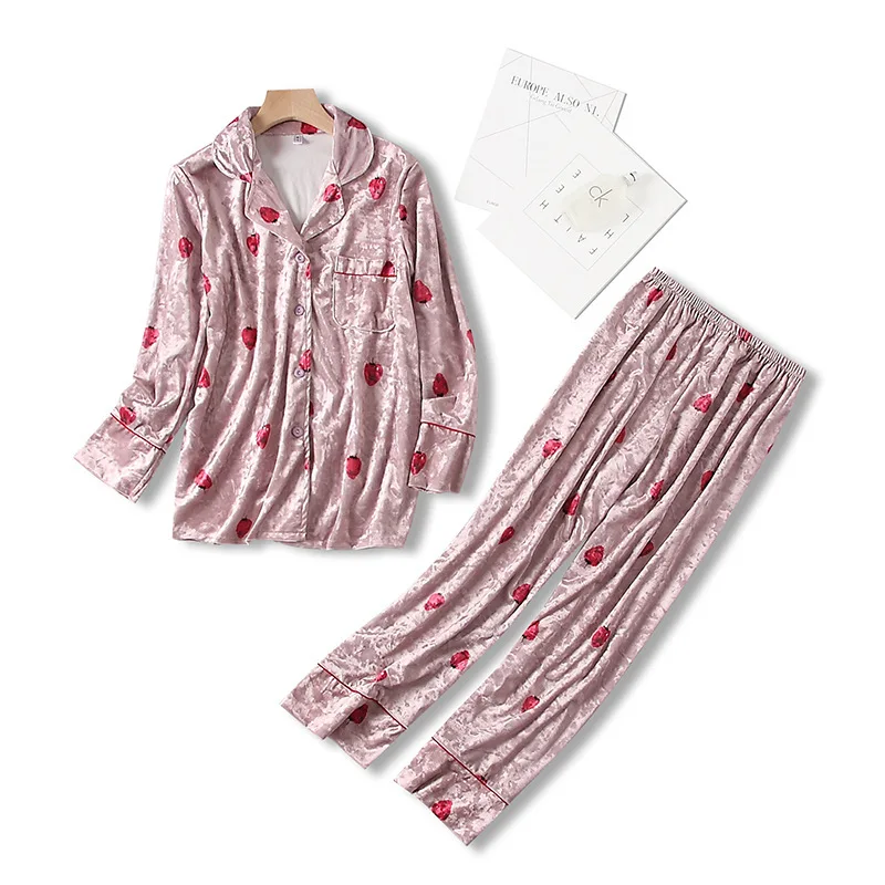 

womens Flannel pajamas couple set sleepwear 2019 Autumn Winter plus size nightwear pants 2 piece sexy Home suit pink strawberry