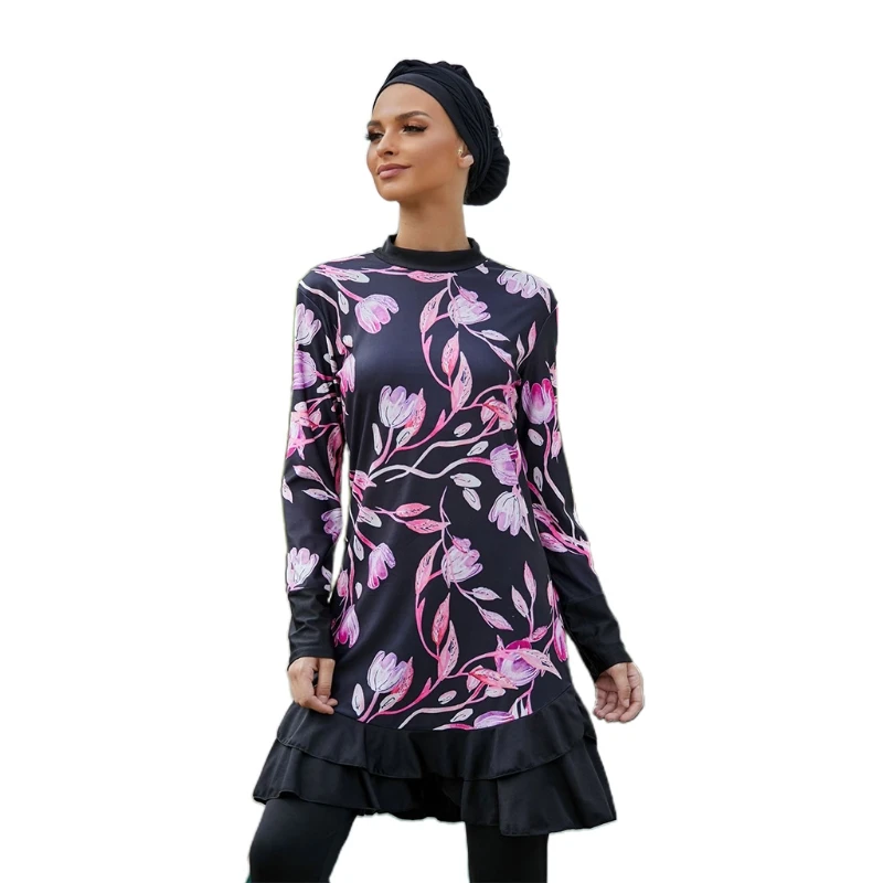 

Womens Muslim Modest Swimsuit with Hijab Cap Long Sleeve Floral Printed Full Covered Islamic Swimwear Conservative Bathing