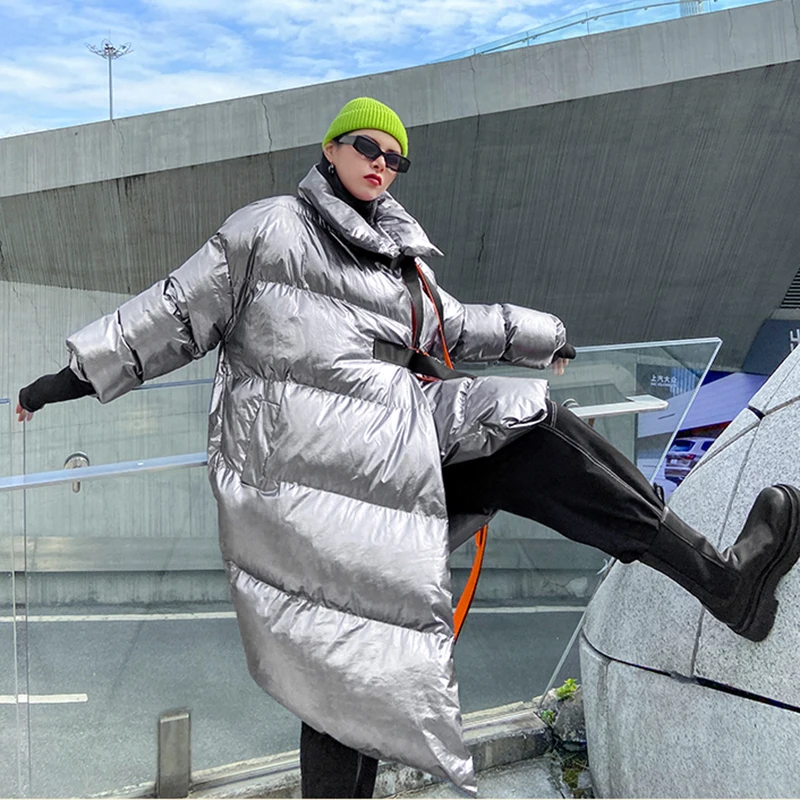 

Coat Glossy Cotton-padded Bandage Buckle Long Sleeve Loose Fit Women Parkas Fashion Tide New Autumn Winter 2021 1DD1717