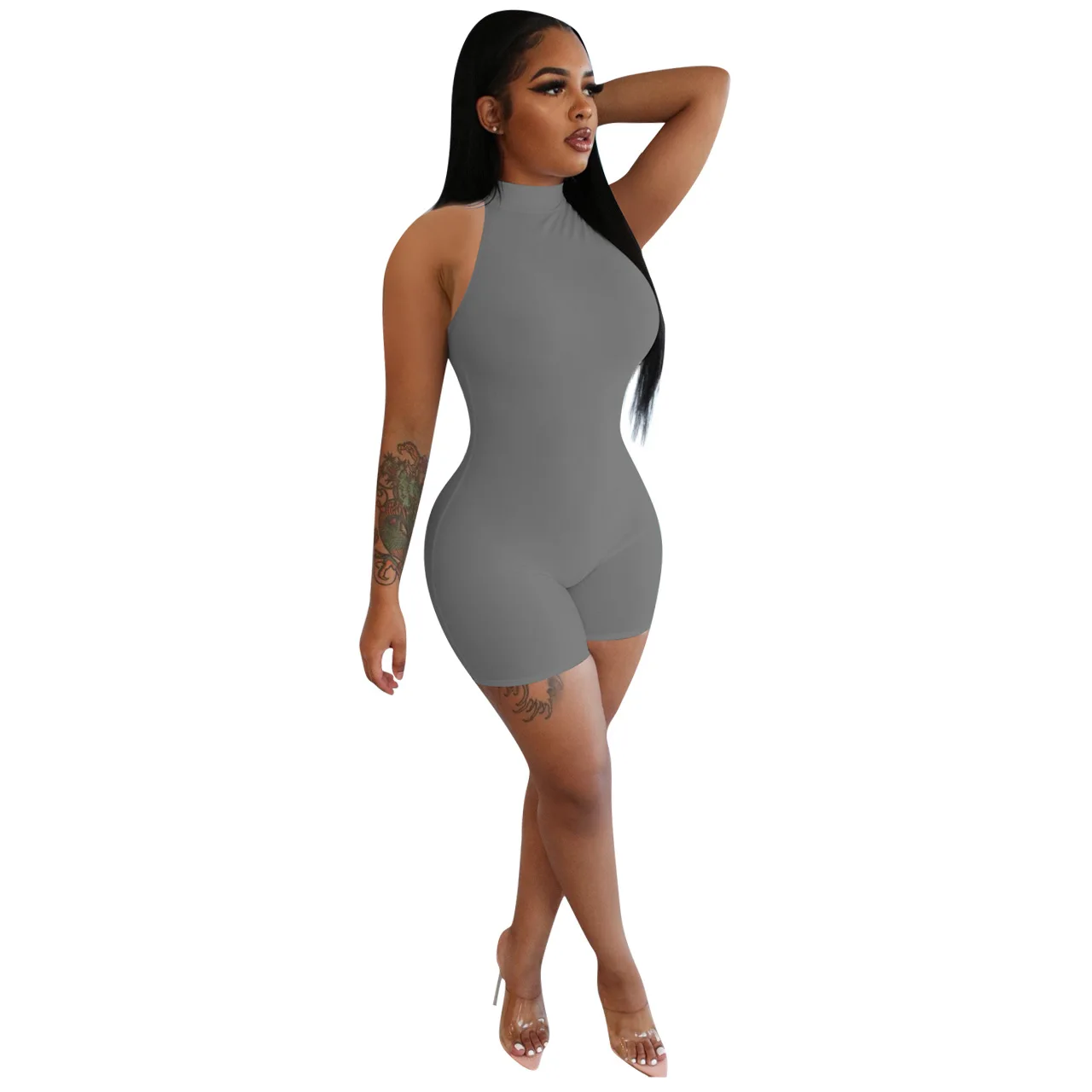 

46NK134 Autumn Summer Women Casual Solid Sleeveless Strapless Jumpsuit Playsuit Rompers Plus Size