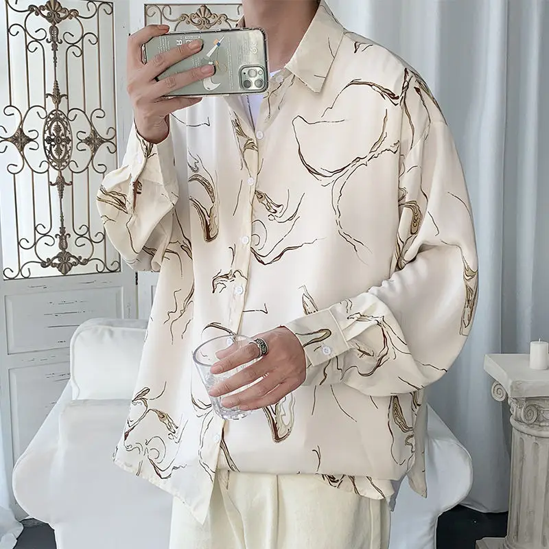 

Spring Summer Thin Flower Shirt Men's Fashion Printing Casual Shirt Men Streetwear Korean Long-sleeved Shirt Mens Dress Shirt
