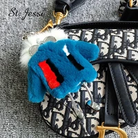 brand new monsters robot keychain cute real rex rabbit fur high quality fluffy lady bag charm pendants car key ring accessories