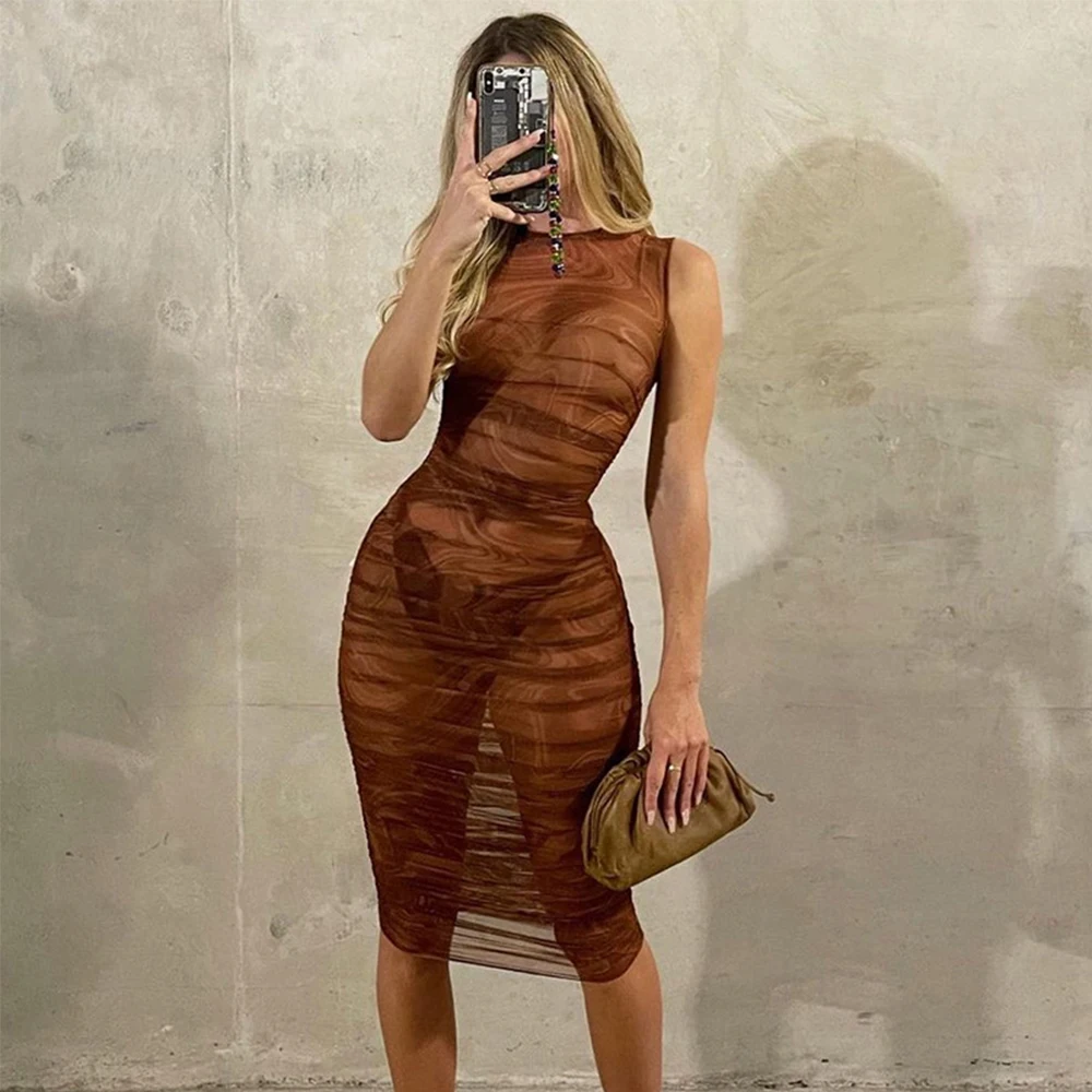 

Sexy Mesh Transparent Party Dress for Women Summer Sleeveless Skinny Tank Dress Beach Club Outfit Bodycon Pencil Dresses