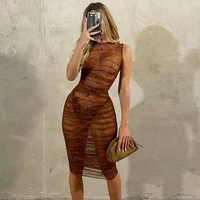 sexy mesh transparent party dress for women summer sleeveless skinny tank dress beach club outfit bodycon pencil dresses