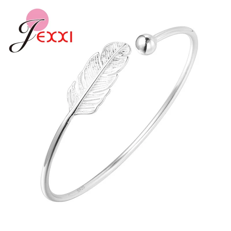 

New Fashion 925 Sterling Silver Feather Bracelets Bangles Cuff Femme Leaf Charm Open Bangle Women Jewelry pulseira feminina