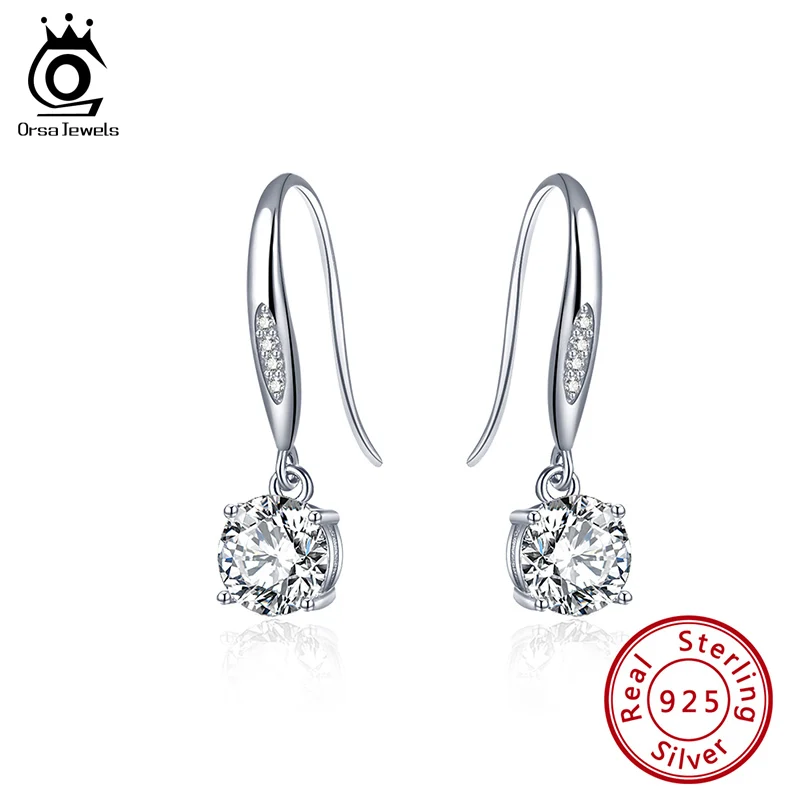 

ORSA JEWELS Elegant Authentic 925 Silver Wedding Hanging Earring with Big Clear Stone 4A Zircon Woman Fine Jewelry Gift OSE309