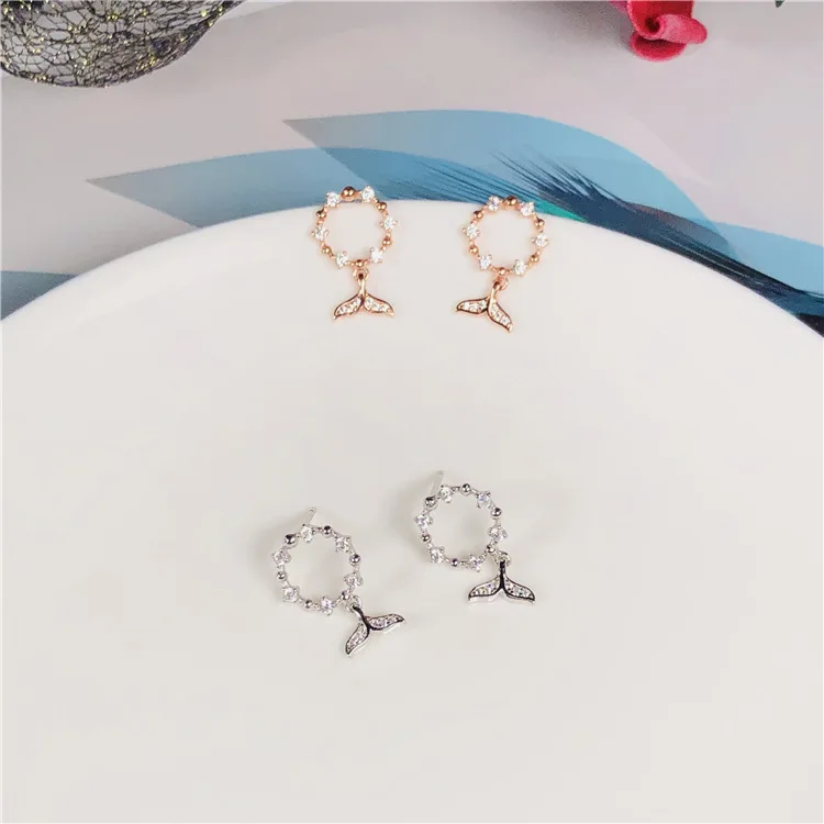 

Lovely Designer Sparkling Zircon Fish Tail Earrings Stud Real 925 Sterling Silver Women Earrings