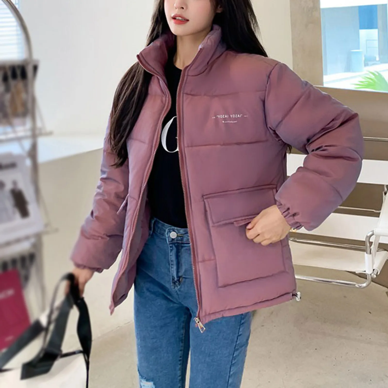 

Модный Однотонный женский зимний пуховик с воротником-стойкой, короткое однобортное пальто, парка в стиле преппи, Женская шикарная Верхняя ...