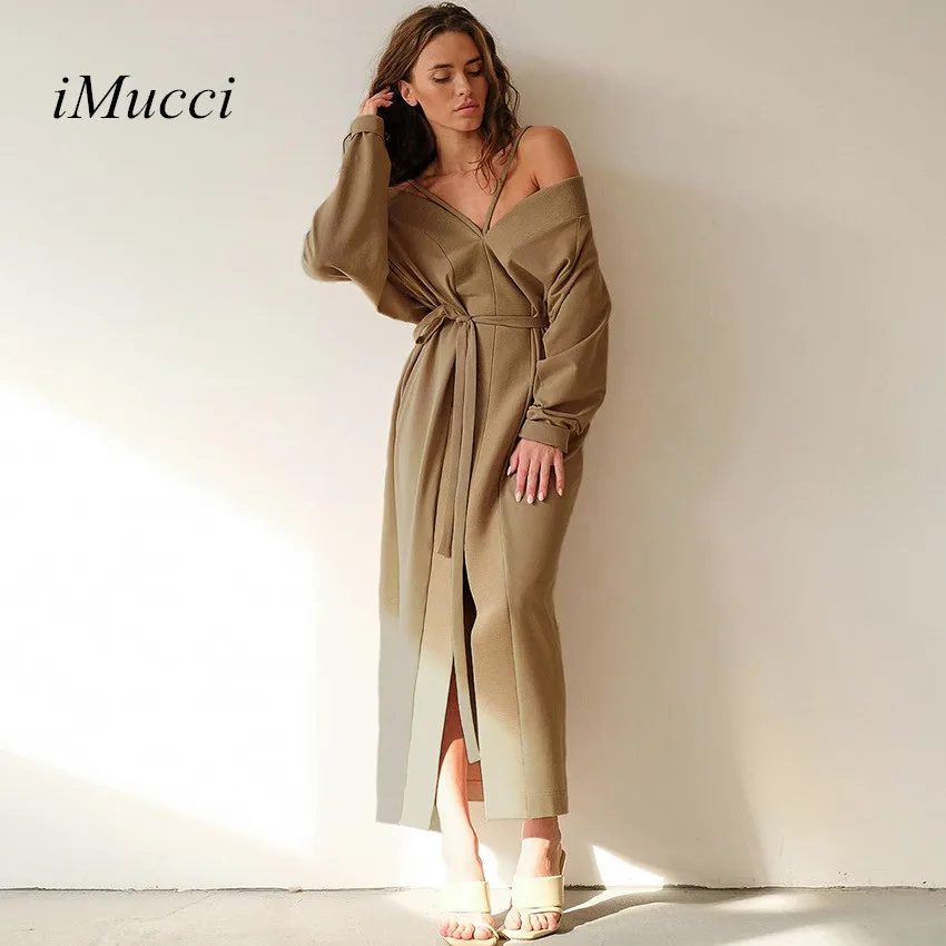 IMucci осень 2020 сексуальное длинное платье для женщин цвета хаки с воротником