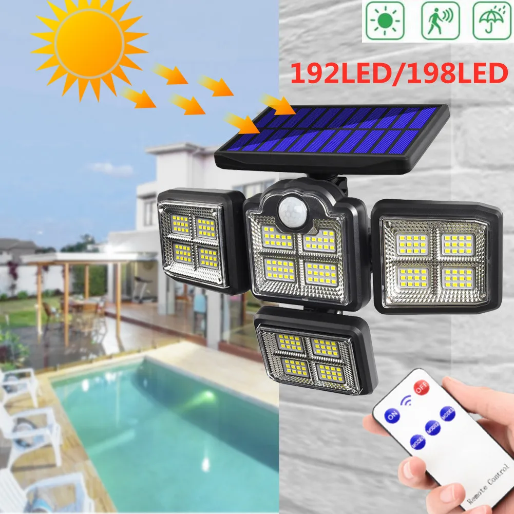 

Наружные солнечные светильники 192LED/198LED с 4 датчиками движения, 270 широкоугольное освещение, водонепроницаемая настенная лампа с дистанцион...