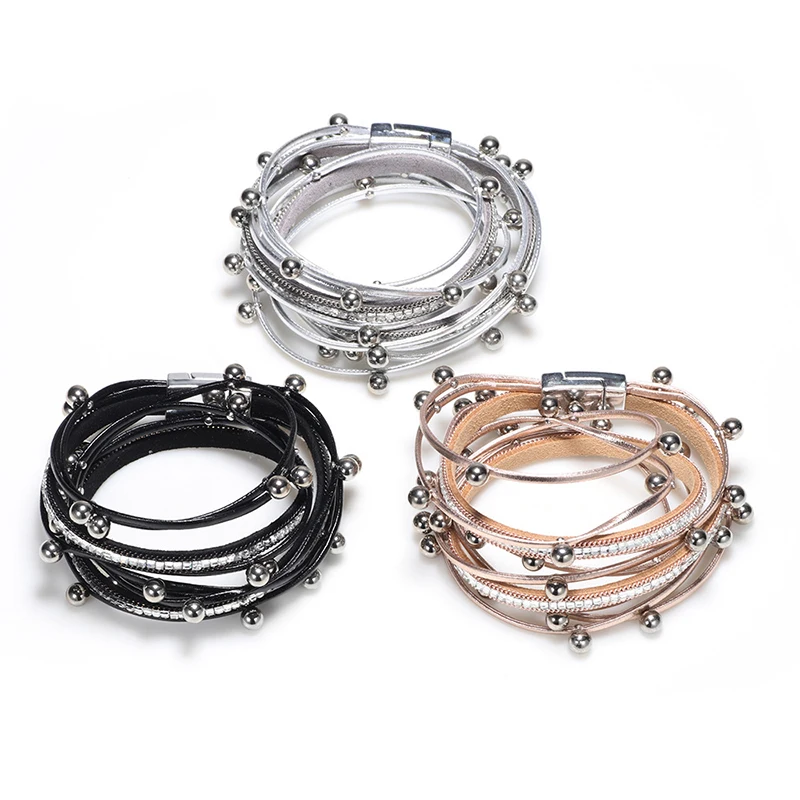 

Leather Bracelet Women's Fashion Metal Beading Crystal Multilayer Chain Bohemian Wrap Bracelet Female Jewelry