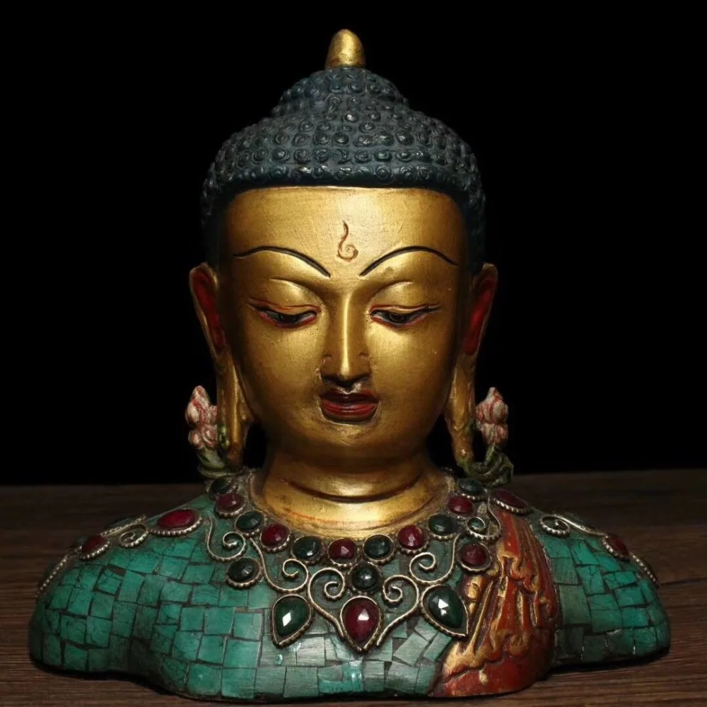 

christmas 6" Tibet Buddhism Bronze Inlay turquoise Gem Shakyamuni bust Buddha statue