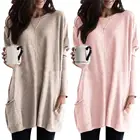 Женский пуловер с длинным рукавом и круглым вырезом, свободный однотонный топ-туника с карманами