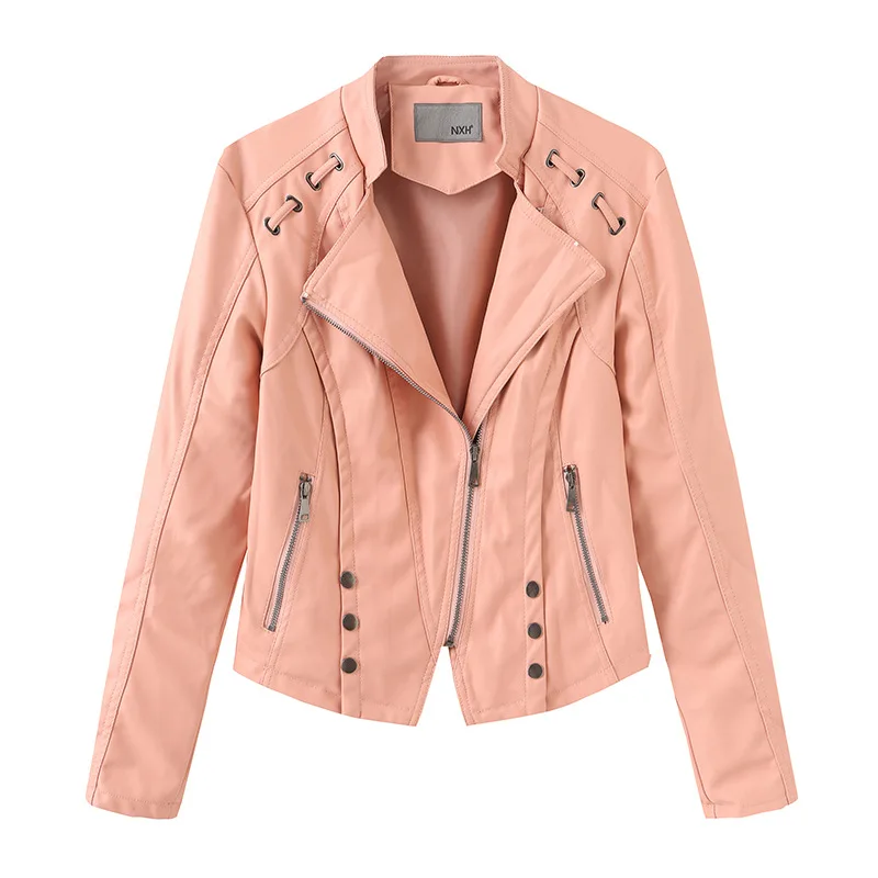 2021 new European and American autumn and winter large women's Leather Motorcycle Jacket