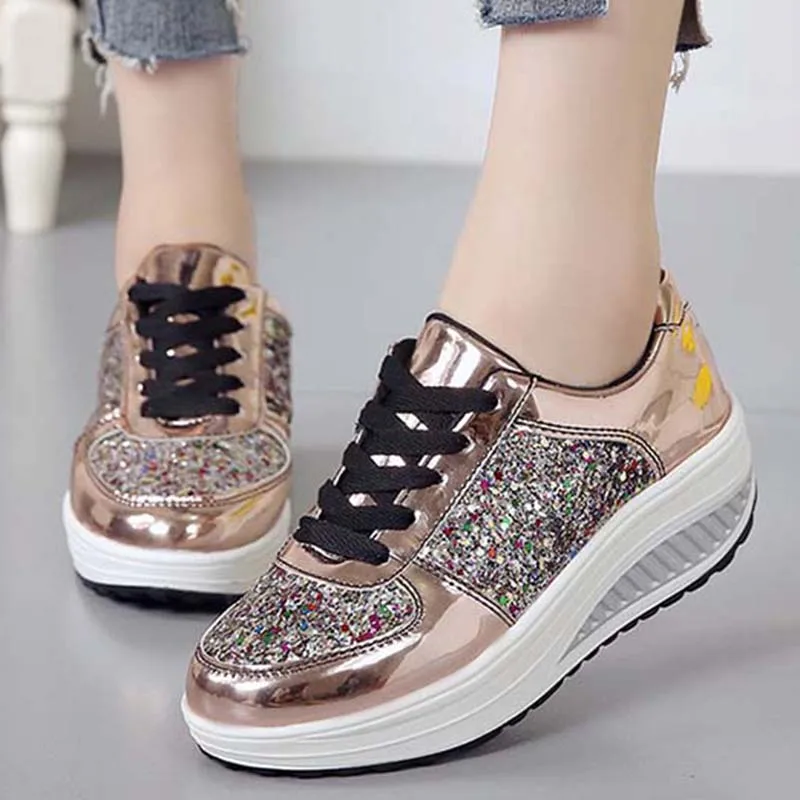 

2021 New Women's Ladies Wedges vulcanize shoes Sequins Shake Shoes Fashion Girls Sport Shoes Women Sneakers Shoes White Shoe