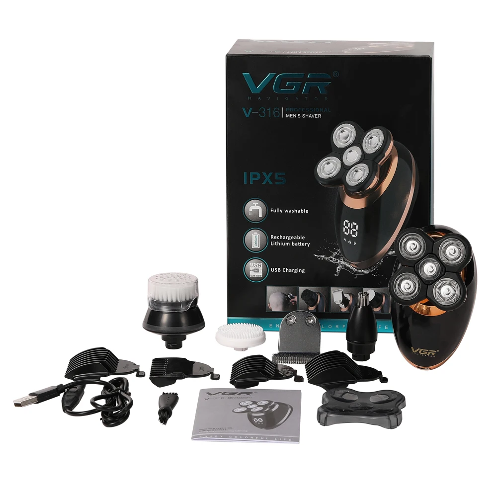 

VGR 5 in 1 rechargeable electric Shaver 5 blade razor nose trimmer facial cleasner beard bald head trimmer hair clipperwashable