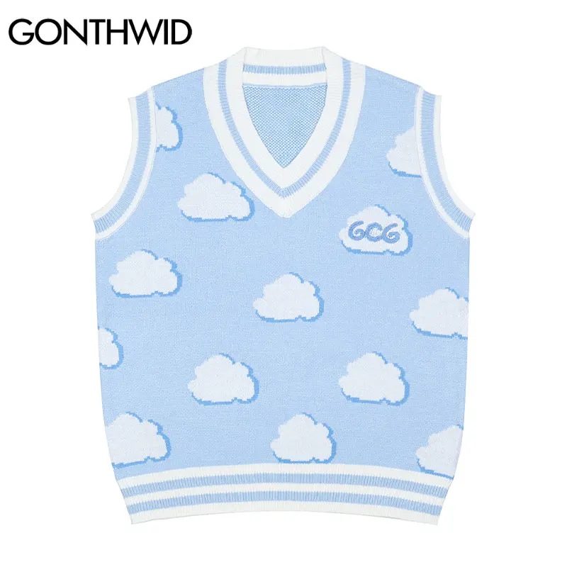 

GONTHWID Harajuku Streetwear Sleeveless Sweaters Vest Vintage Knitted Cloud Stripe V Neck Fashion Loose Crop Knitwear Tank Tops