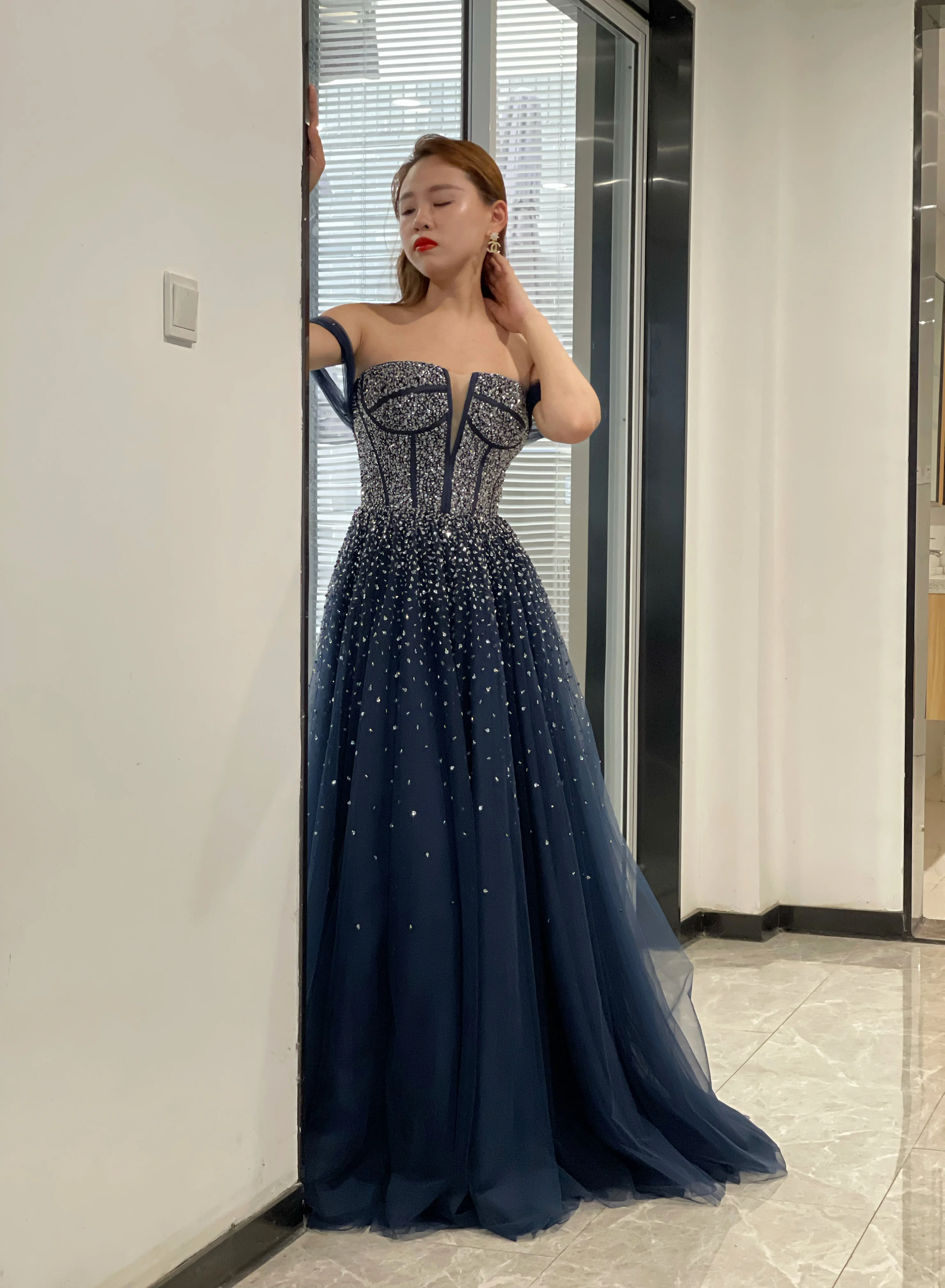 Темно-синее платье для вечеринок "Дубай Фэшн Ледис Блинг" A-силуэт для женщин на свадьбу или выпускной