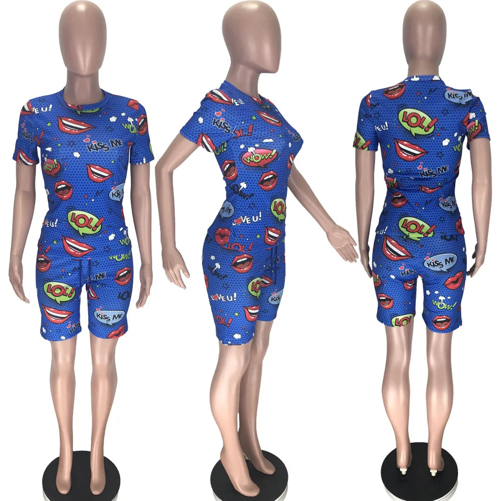 

Plus Size Tracksuit Two Piece Outfit Women's Sets Letter Mouth Print Short Sleeve Slim Tops and Bodycon Biker Short Sport Suits