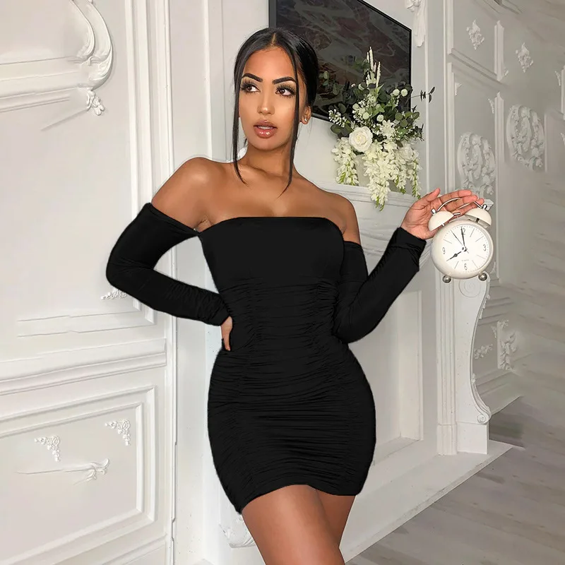 

European and American fashion sexy a word shoulder fold long-sleeved dress show thin skirt