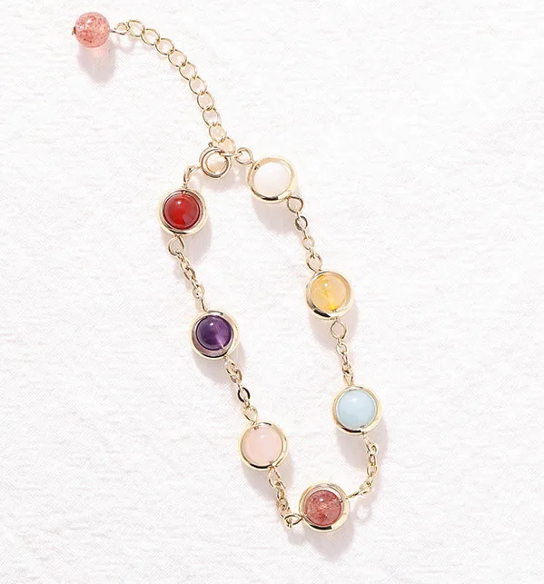 

Natural Cute Strawberry Crystal gold Bracelet Female Seven Colourful Beads Rainbow Sugar Chain Planet Charm Bracelet