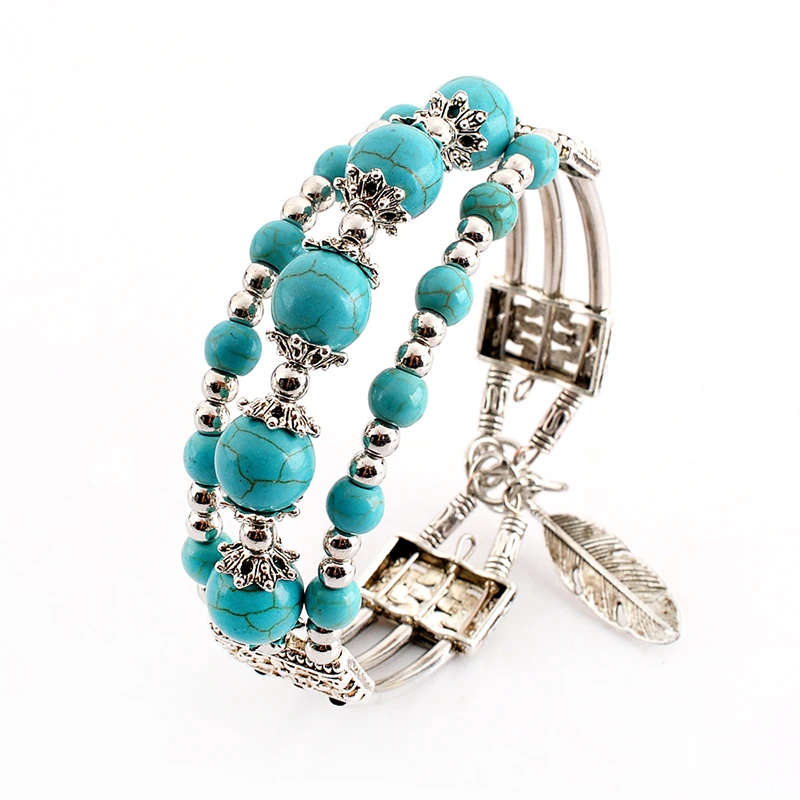

Ethnic Vintage Blue Stone Beads Bangles Bracelets for Women Hanmdade Turquoises Round Feather Charm Bracelet Femme Jewelry