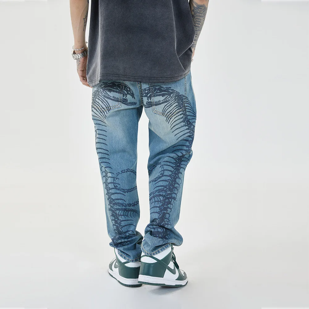 

EukaaRu High Street Skeleton Printed Straight Baggie Jeans Men's Streetwear Loose Casual Denim Pants Hip Hop Oversized Trousers