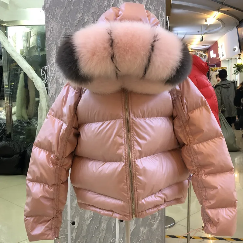 Большой натуральный Лисий мех воротник зимняя куртка свободное короткое пальто