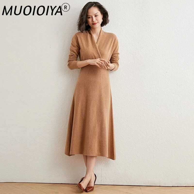 

Женские свитера, пуловеры из 100% чистого кашемира, зимние платья с V-образным вырезом, Длинные вязаные Джемперы высокого качества, одежда для ...