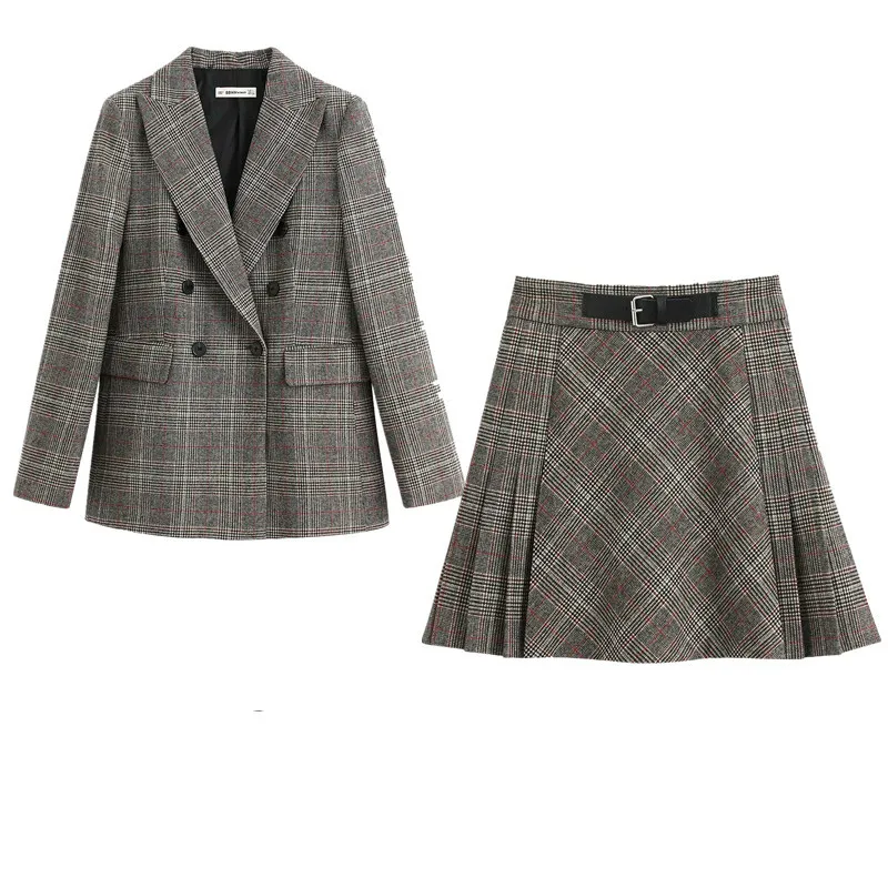 

Женский костюм в стиле ретро, двубортный пиджак с воротником и клетчатая юбка А-силуэта с завышенной талией