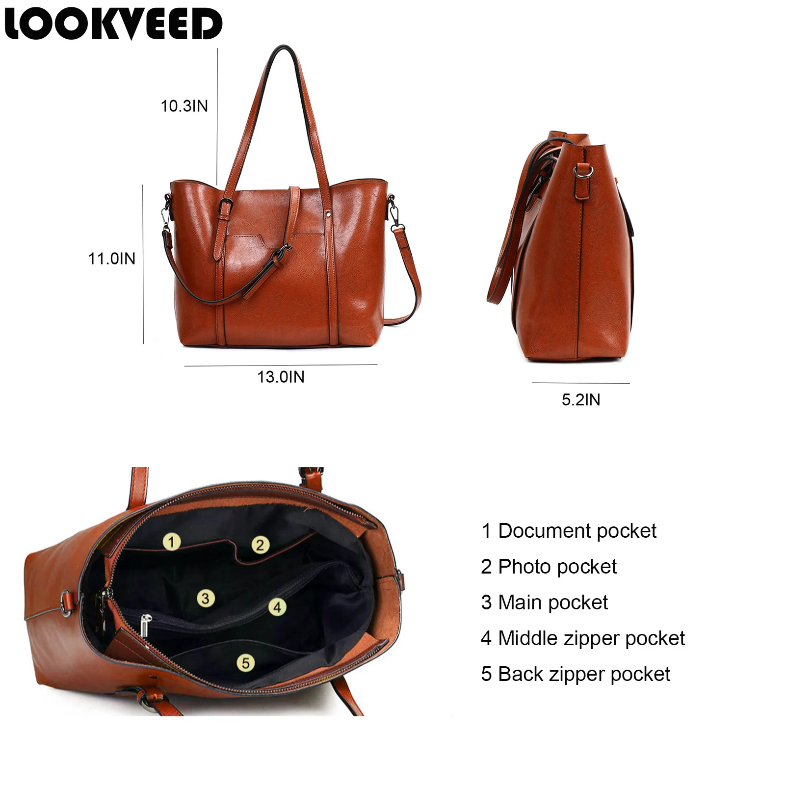 

LOOKVEED Green Luxury Brand Design Ladies Oil Wax PU Leather Tote Handbag Daily Work Shoulder Bag Large Capacity Crossbodybag