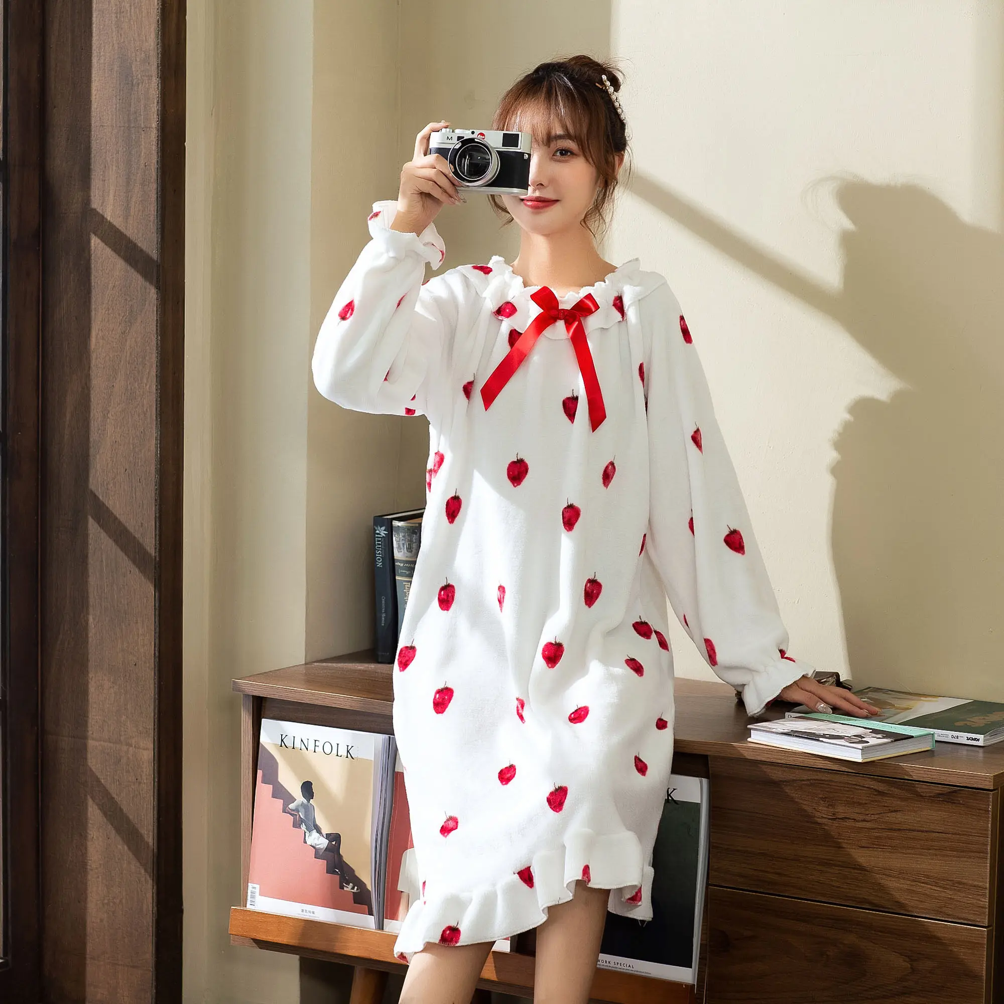 SOUGEN Flannel Sleepwear Women Sweet Pink Nightgowns Ruffles Neck Loose Sleepwear  for Women Plus Size Thick Autumn Winter